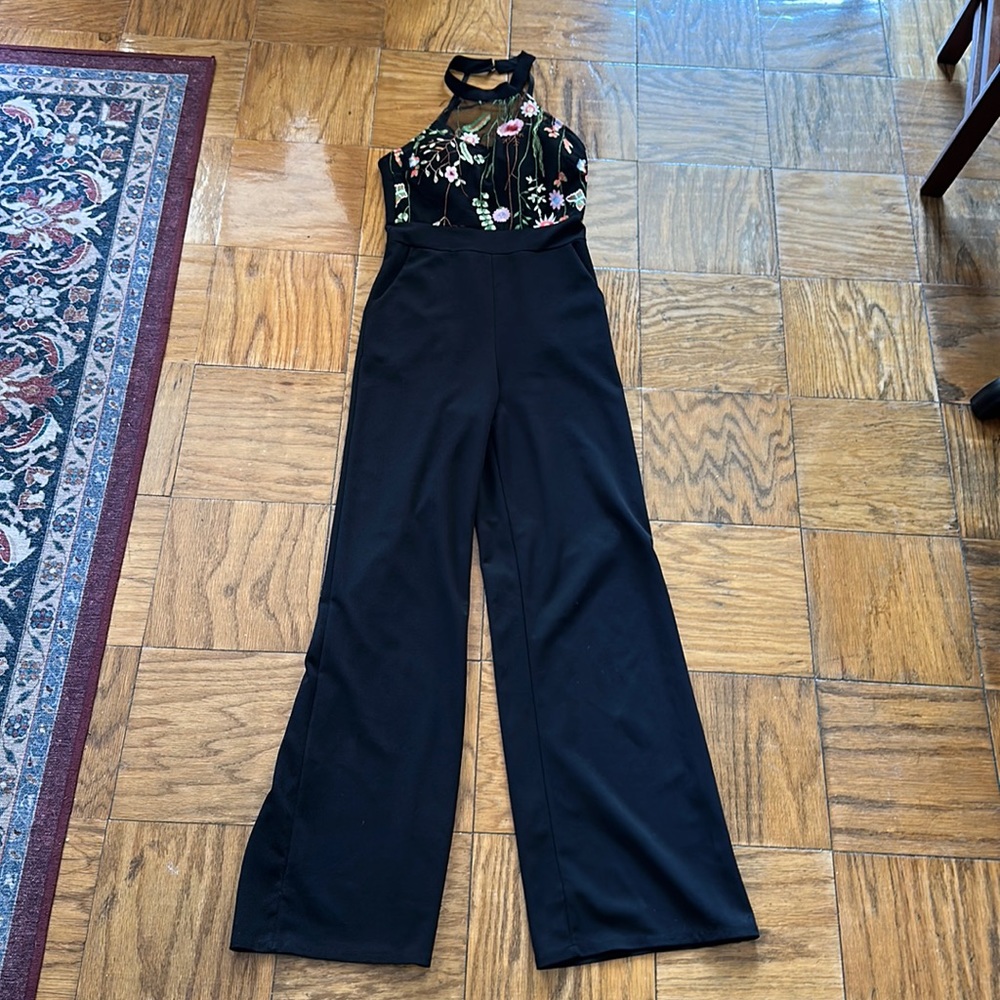 Black embroidered halter jumpsuit